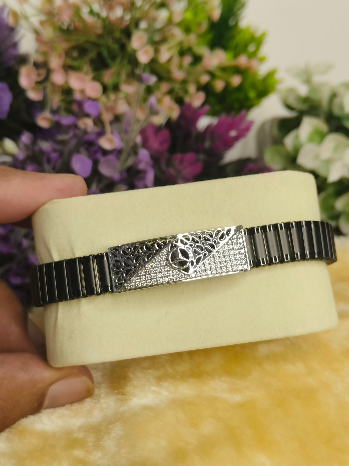 925 Sterling Silver Moissanite Black Bracelet for Men | Luxury Geometric Link Bracelet | Adjustable Black Stainless Steel Jewelry