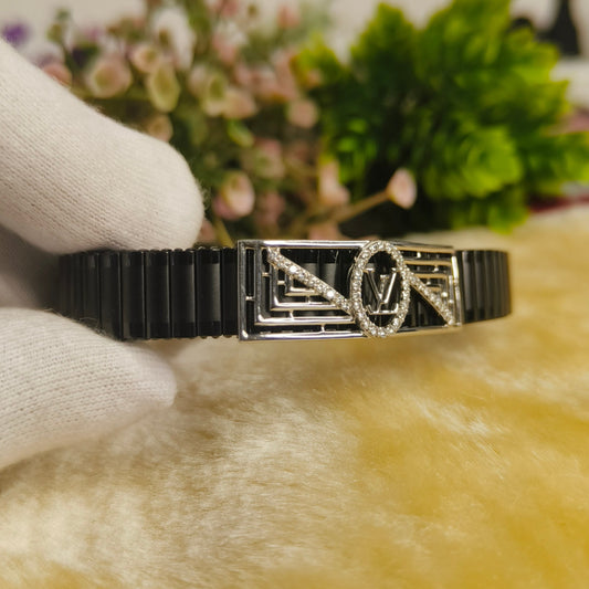 92.5 Silver Moissanite Geometric Link Bracelet for Men | Luxury Black Stretch Bracelet | Handmade Designer Jewelry | Gift for Him