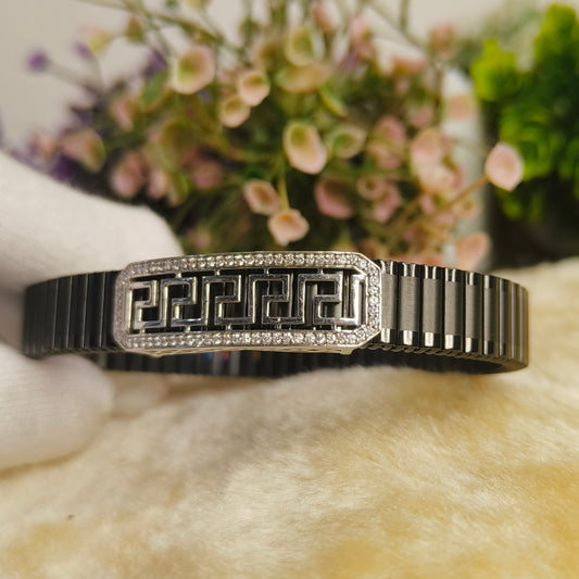Silver Greek Key Moissanite Bracelet for Men | Luxury Black Stretch Bracelet | Handmade Designer Jewelry | Gift for Him