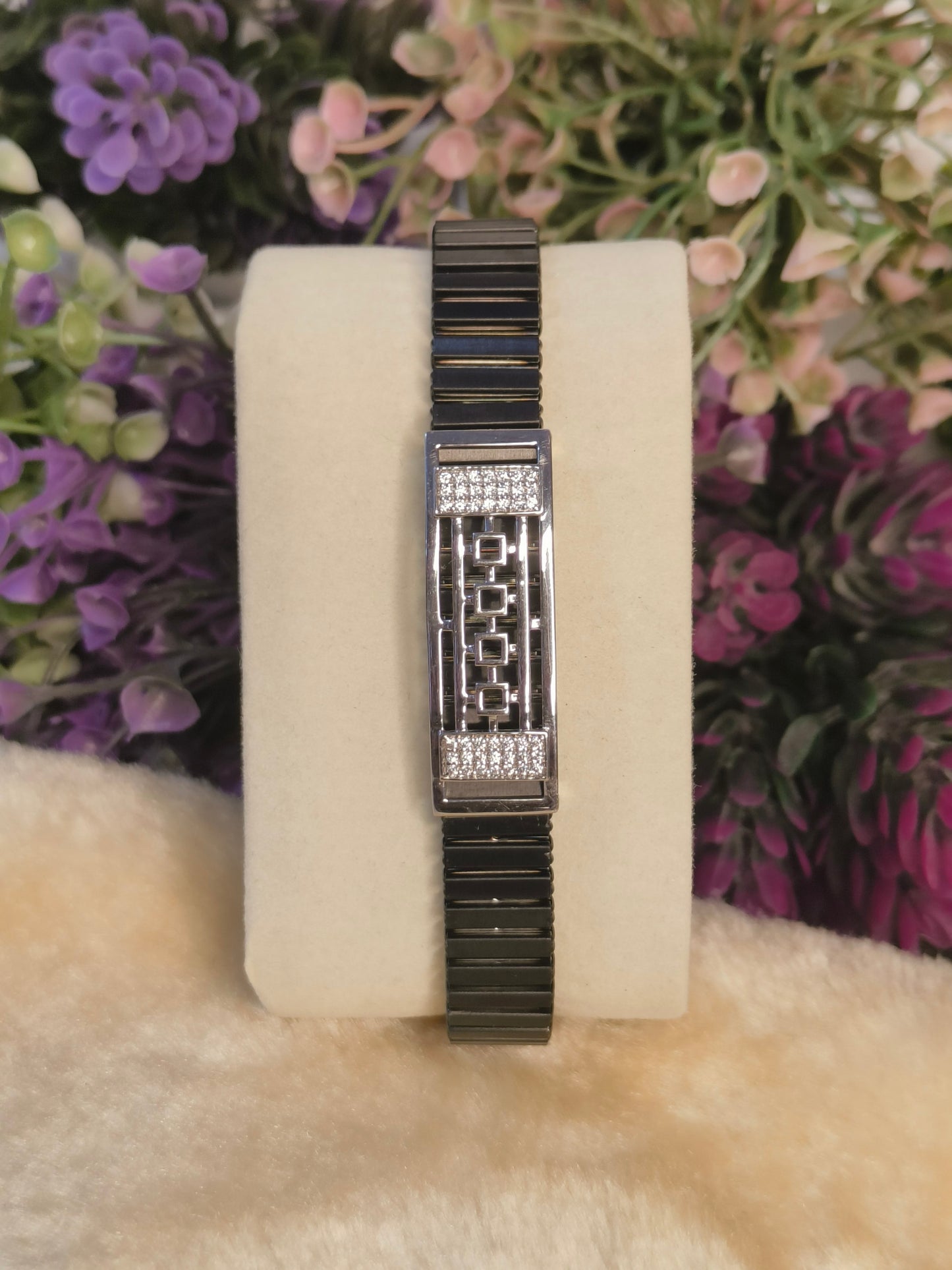 Black Stainless Steel CZ Stretch Bracelet | Modern Geometric Crystal Bracelet | Adjustable Unisex Jewelry