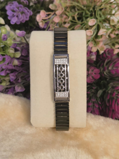 Black Stainless Steel CZ Stretch Bracelet | Modern Geometric Crystal Bracelet | Adjustable Unisex Jewelry