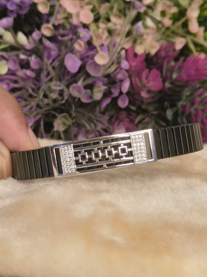 Black Stainless Steel CZ Stretch Bracelet | Modern Geometric Crystal Bracelet | Adjustable Unisex Jewelry