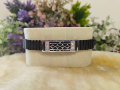 Black Stainless Steel CZ Stretch Bracelet | Modern Geometric Crystal Bracelet | Adjustable Unisex Jewelry