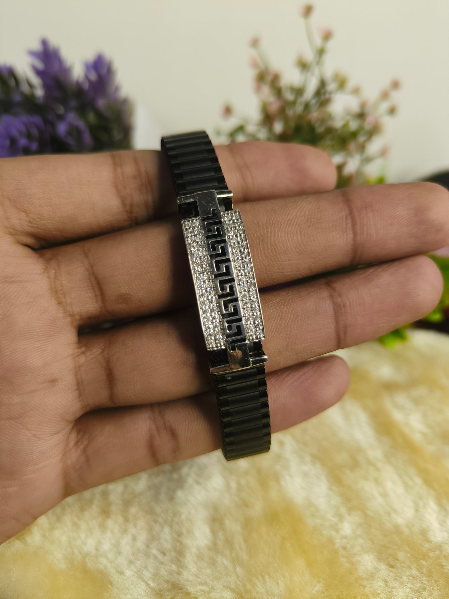 925 Sterling Silver Moissanite Black Bracelet for Men | Luxury Geometric Link Bracelet | Adjustable Black Stainless Steel Jewelry