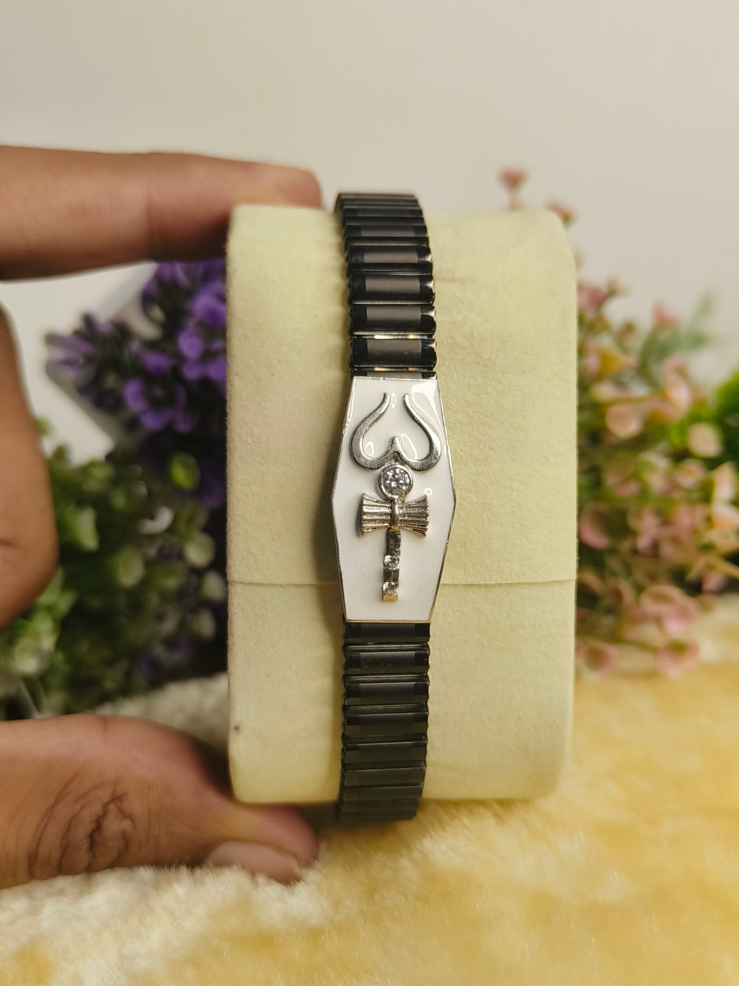 925 Sterling Silver Moissanite Trishul & Damru Rakhi Bracelet for Brother | Adjustable Black Bracelet | Raksha Bandhan Gift for Bhai | Hindu Spiritual Jewelry