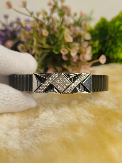 925 Sterling Silver Moissanite Black Geometric Bracelet for Men | Adjustable Stainless Steel Link Bracelet | Luxury Statement Jewelry
