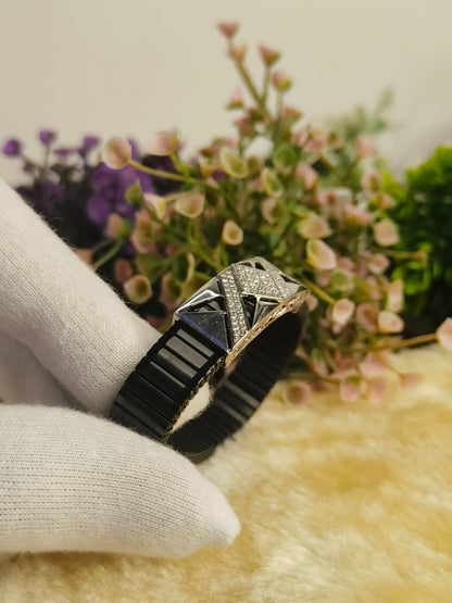 925 Sterling Silver Moissanite Black Geometric Bracelet for Men | Adjustable Stainless Steel Link Bracelet | Luxury Statement Jewelry
