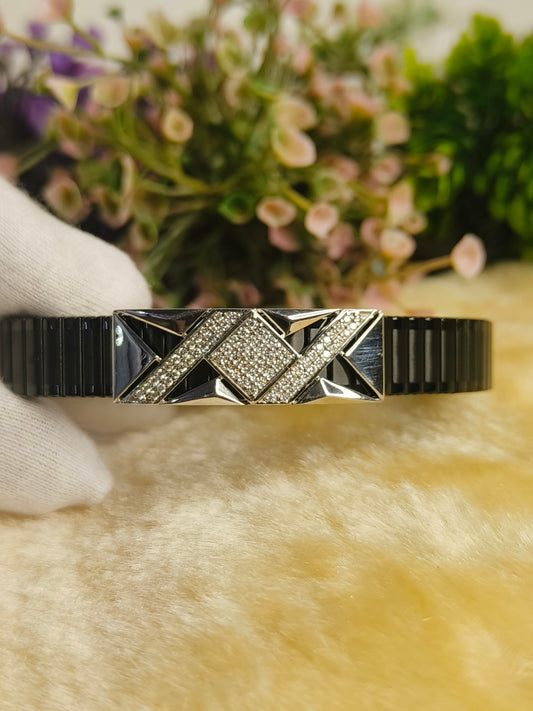 925 Sterling Silver Moissanite Black Geometric Bracelet for Men | Adjustable Stainless Steel Link Bracelet | Luxury Statement Jewelry