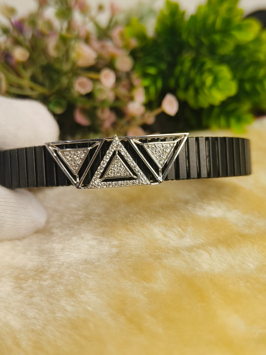 925 Sterling Silver Moissanite Triangle Bracelet for Men | Black Adjustable Stainless Steel Link Bracelet | Modern Geometric Luxury Jewelry
