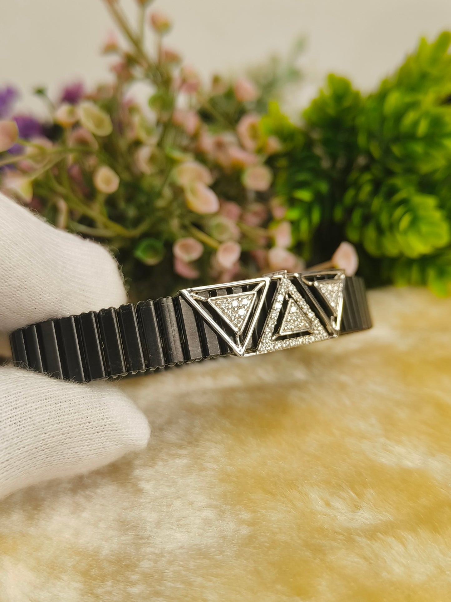 925 Sterling Silver Moissanite Triangle Bracelet for Men | Black Adjustable Stainless Steel Link Bracelet | Modern Geometric Luxury Jewelry