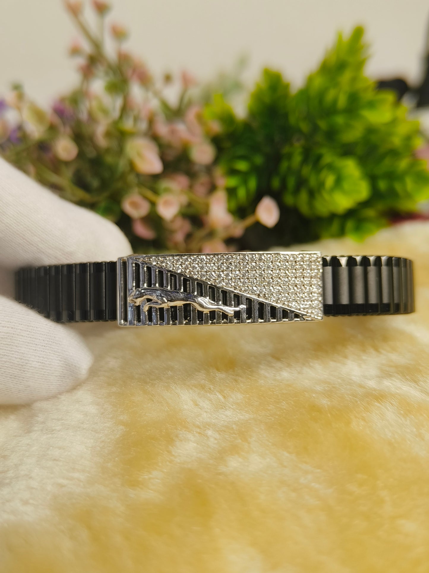 925 Sterling Silver Moissanite Black Bracelet for Men | Luxury Geometric Adjustable Bracelet | Black Stainless Steel Link Bracelet