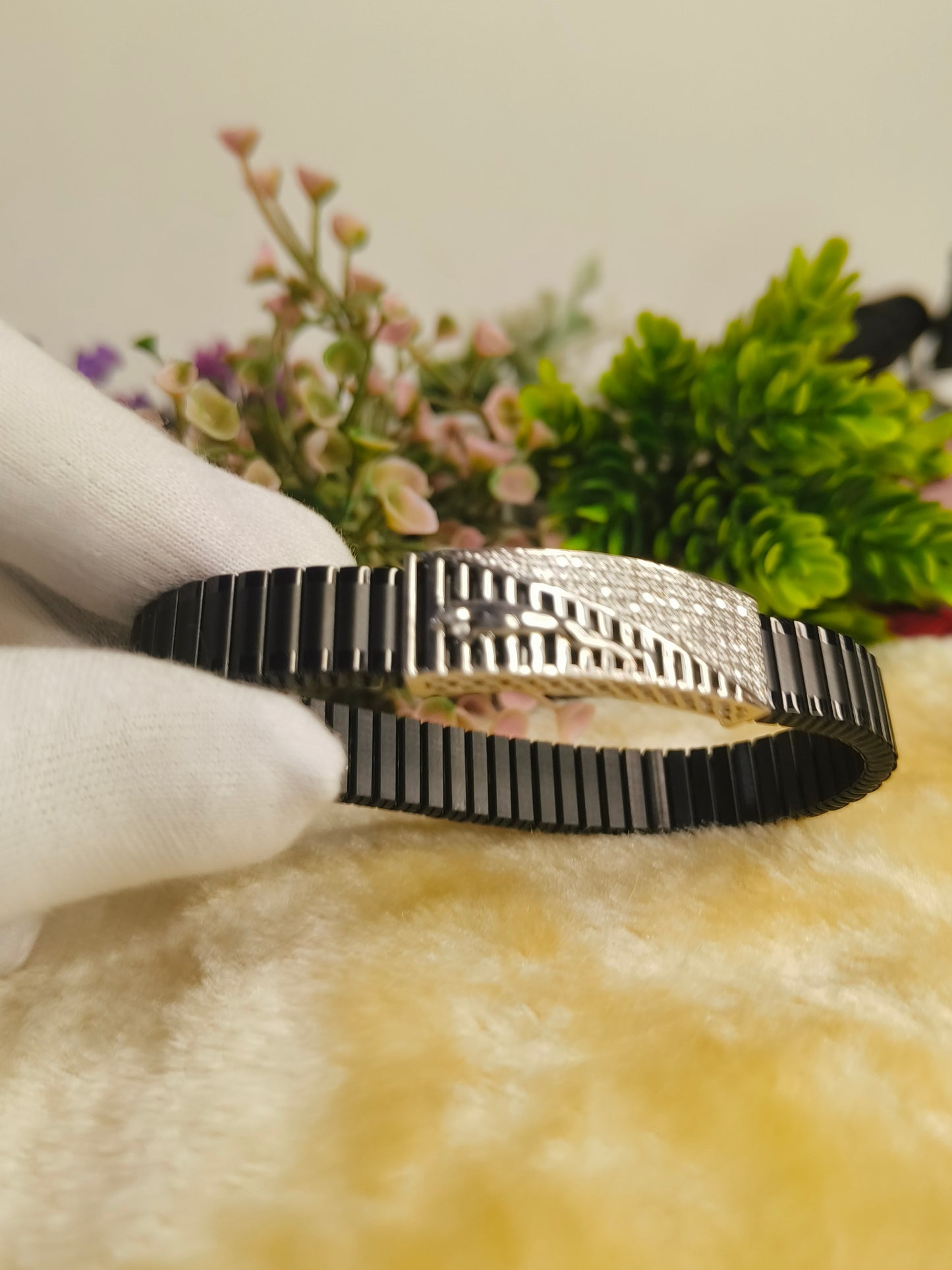 925 Sterling Silver Moissanite Black Bracelet for Men | Luxury Geometric Adjustable Bracelet | Black Stainless Steel Link Bracelet