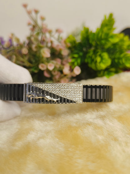 925 Sterling Silver Moissanite Black Bracelet for Men | Luxury Geometric Adjustable Bracelet | Black Stainless Steel Link Bracelet