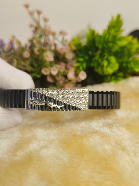 925 Sterling Silver Moissanite Black Bracelet for Men | Luxury Geometric Adjustable Bracelet | Black Stainless Steel Link Bracelet