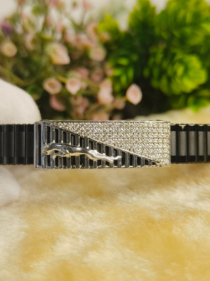 925 Sterling Silver Moissanite Black Bracelet for Men | Luxury Geometric Adjustable Bracelet | Black Stainless Steel Link Bracelet
