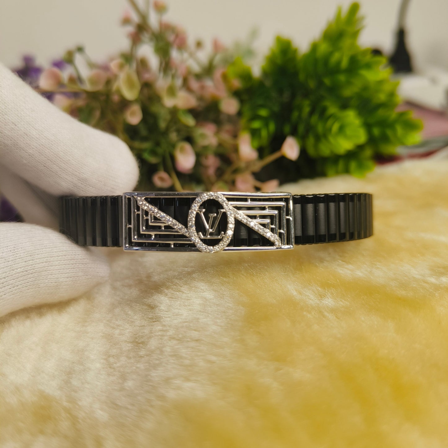 925 Sterling Silver Moissanite Black Bracelet for Men | Luxury Monogram Inspired Adjustable Bracelet | Black Stainless Steel Stretch Bracelet | Premium Gift for Him