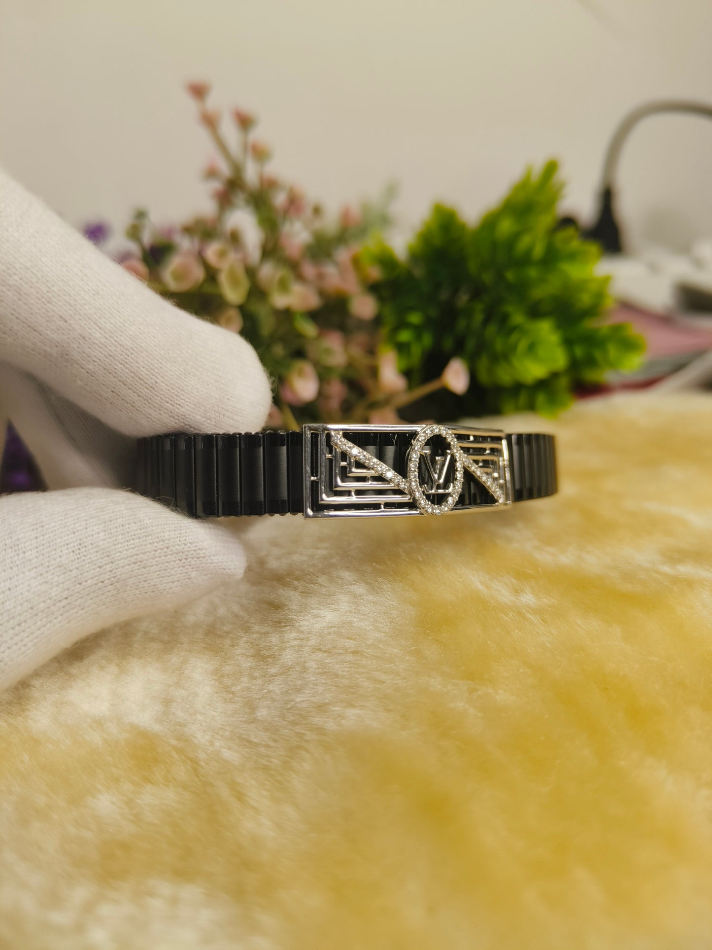 925 Sterling Silver Moissanite Black Bracelet for Men | Luxury Monogram Inspired Adjustable Bracelet | Black Stainless Steel Stretch Bracelet | Premium Gift for Him