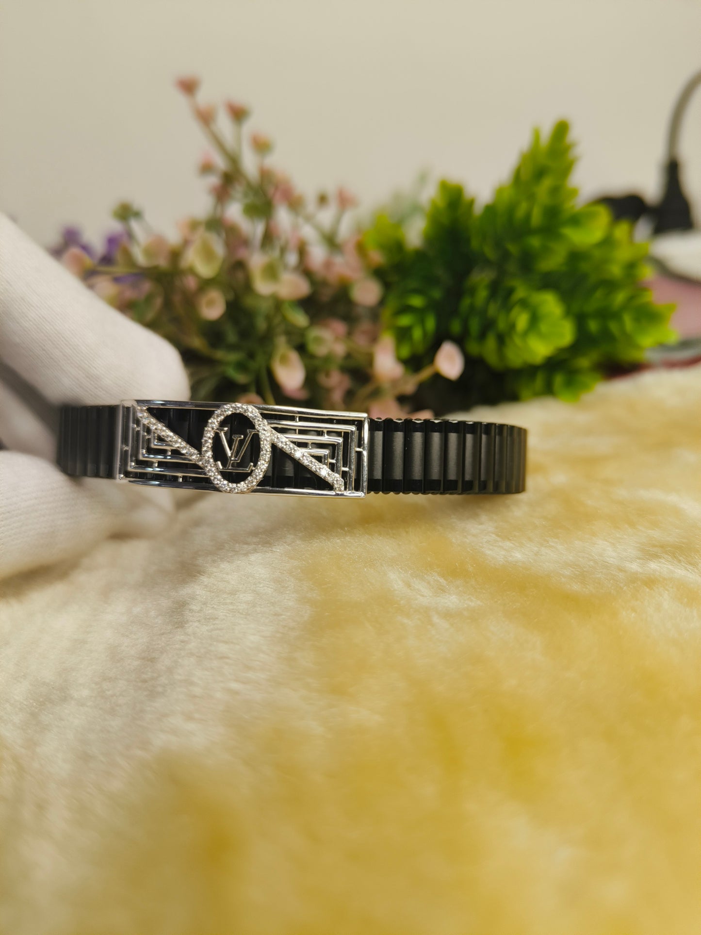 925 Sterling Silver Moissanite Black Bracelet for Men | Luxury Monogram Inspired Adjustable Bracelet | Black Stainless Steel Stretch Bracelet | Premium Gift for Him