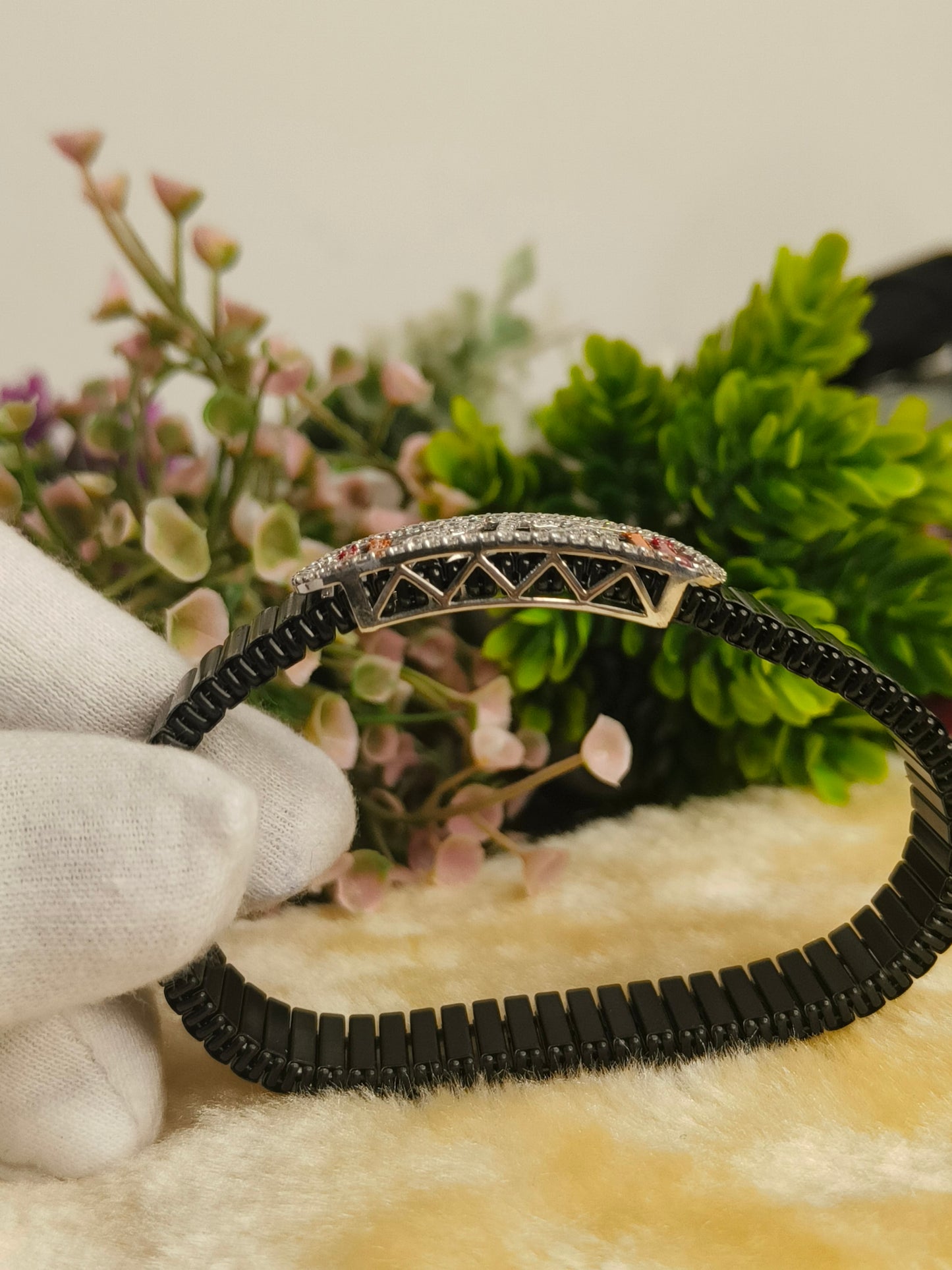 Shri Symbol Black Bracelet for Men | Stainless Steel Adjustable Stretch Bracelet | Spiritual Hindu Bracelet