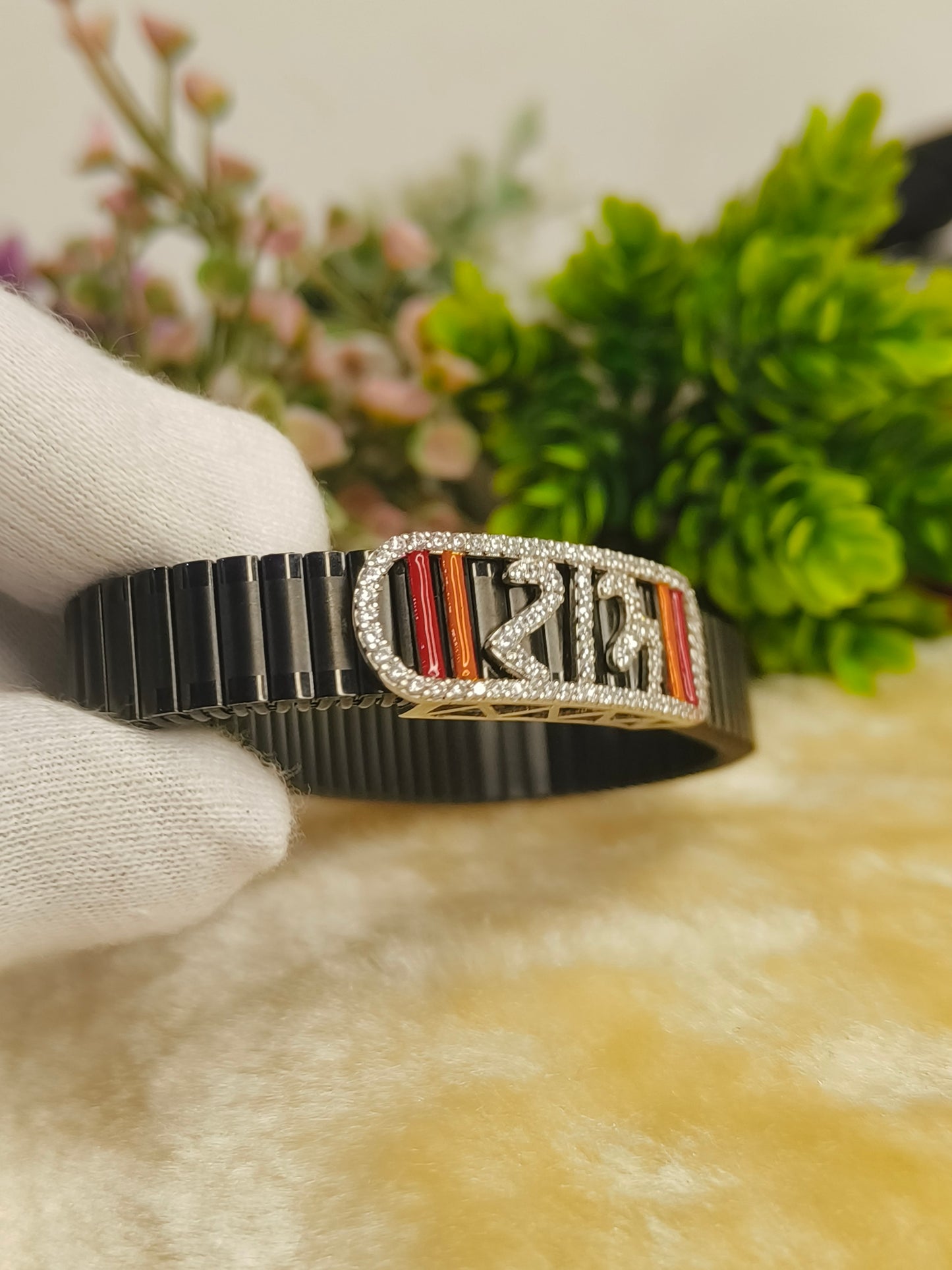 Shri Symbol Black Bracelet for Men | Stainless Steel Adjustable Stretch Bracelet | Spiritual Hindu Bracelet