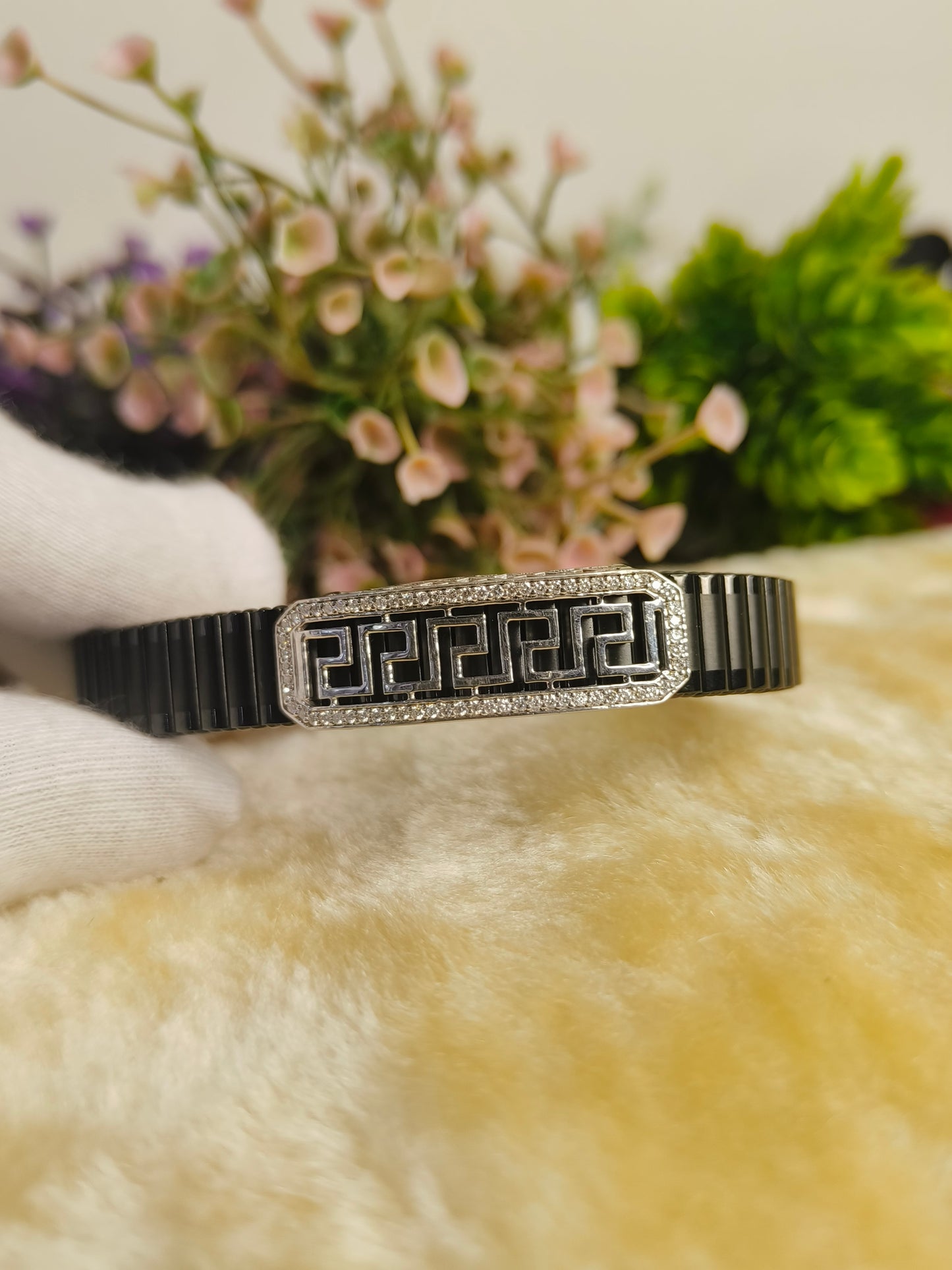 Greek Key Black Bracelet for Men | Stainless Steel Crystal Adjustable Bracelet | Luxury Geometric Stretch Bracelet