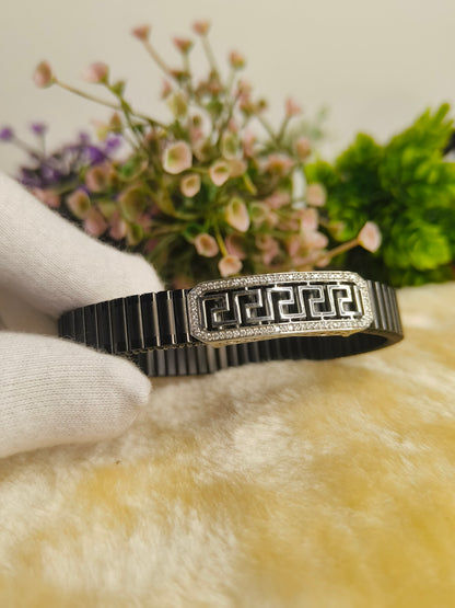 Greek Key Black Bracelet for Men | Stainless Steel Crystal Adjustable Bracelet | Luxury Geometric Stretch Bracelet
