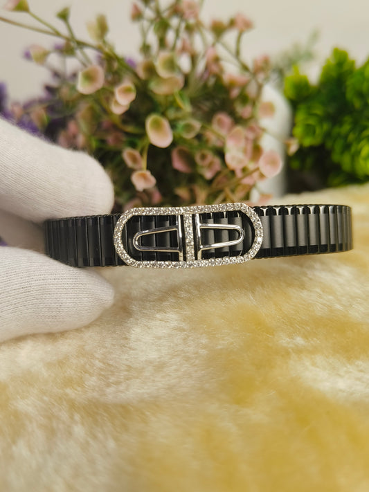 Double Horseshoe Crystal Bracelet for Men | Black Stainless Steel Adjustable Stretch Bracelet | Luxury Geometric Fashion Jewelry Gift for Him