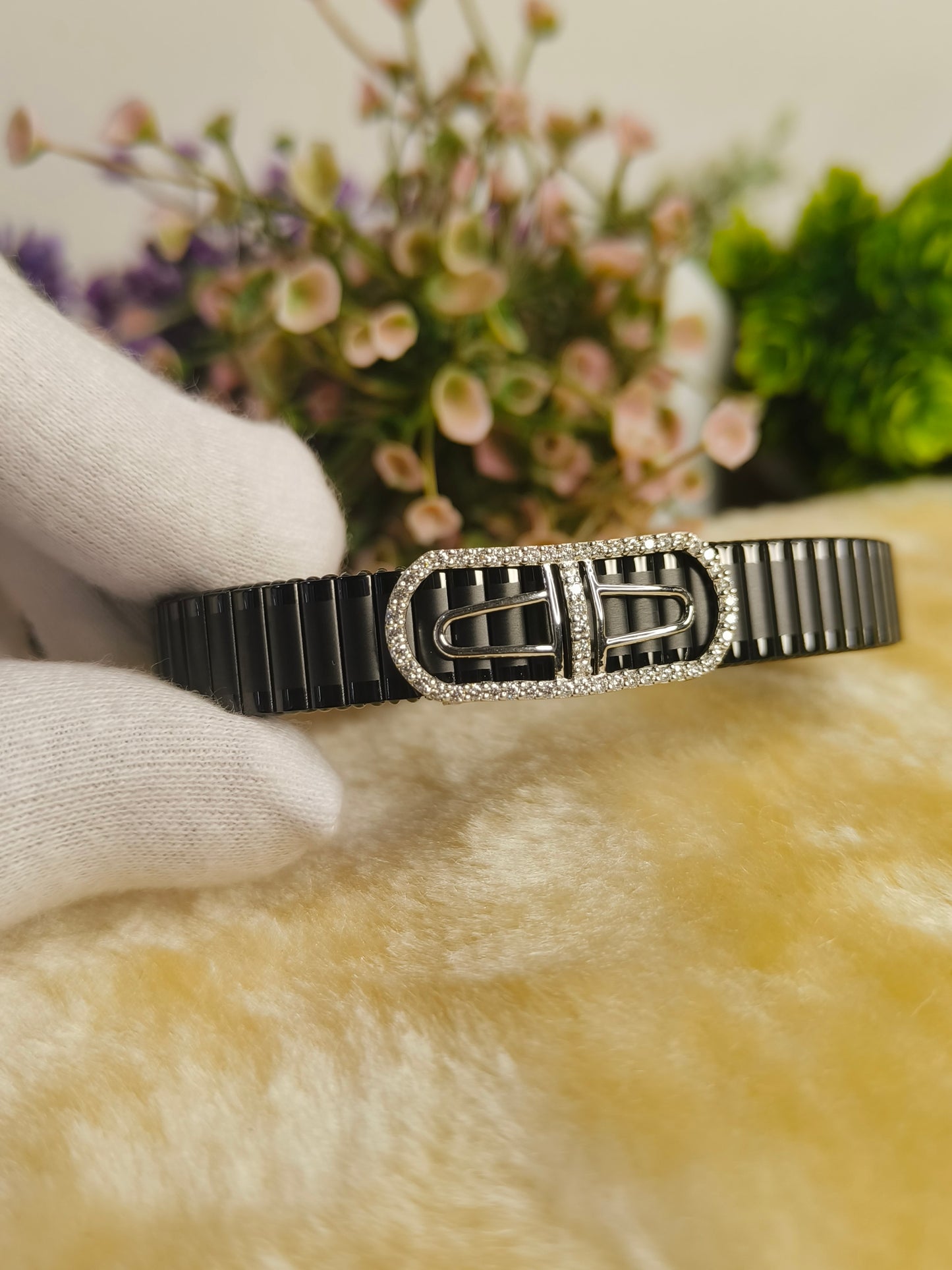 Double Horseshoe Crystal Bracelet for Men | Black Stainless Steel Adjustable Stretch Bracelet | Luxury Geometric Fashion Jewelry Gift for Him