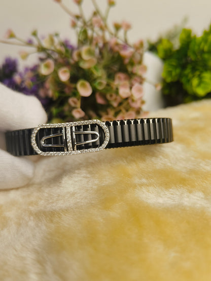 Double Horseshoe Crystal Bracelet for Men | Black Stainless Steel Adjustable Stretch Bracelet | Luxury Geometric Fashion Jewelry Gift for Him