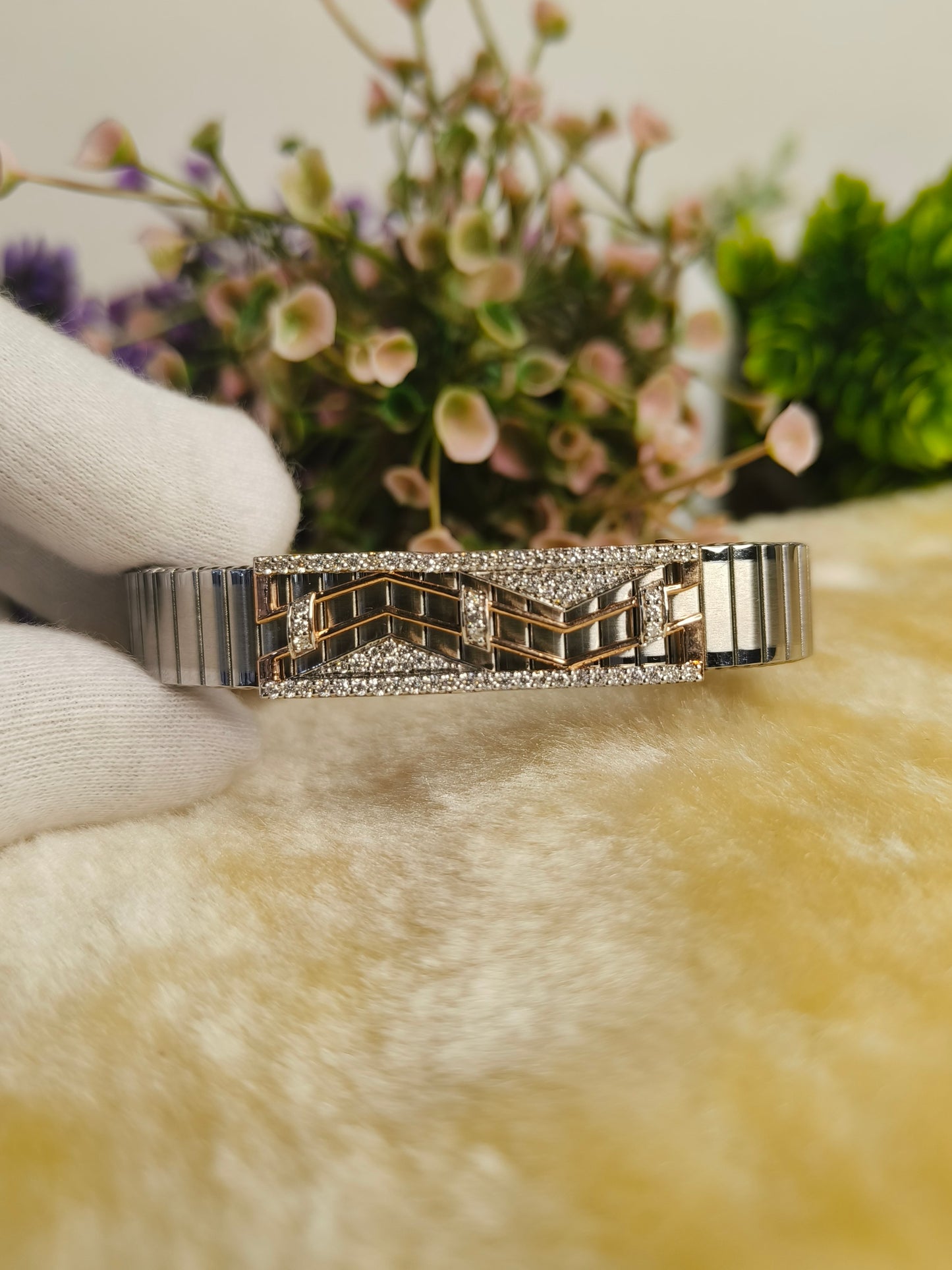 Chevron Crystal Stretch Bracelet for Men | Two Tone Stainless Steel Adjustable Bracelet | Luxury Geometric Fashion Jewelry Gift for Him