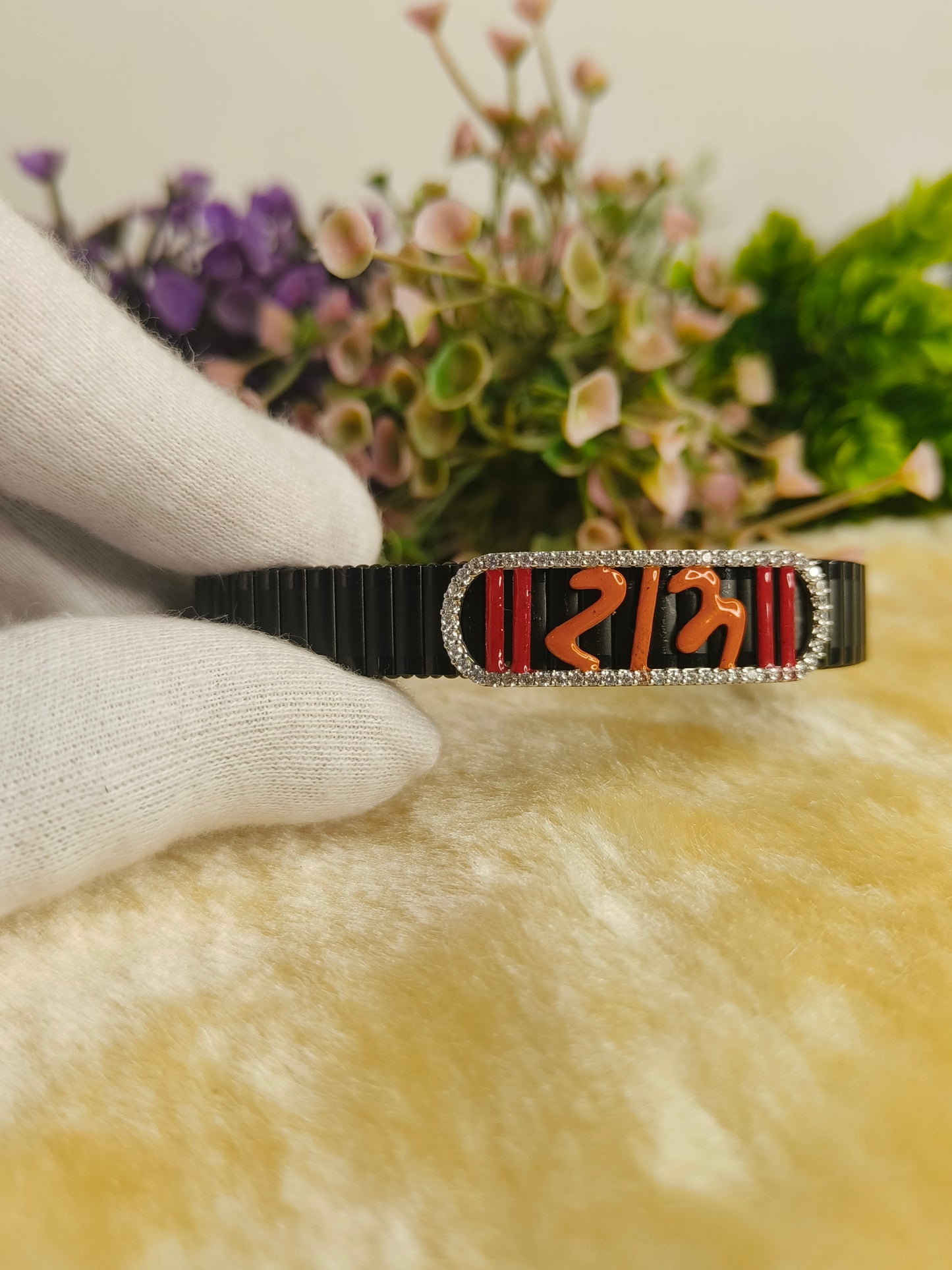 Red & Orange Enamel Crystal Stretch Bracelet for Men | Black Stainless Steel Adjustable Bracelet | Modern Luxury Fashion Jewelry Gift for Him