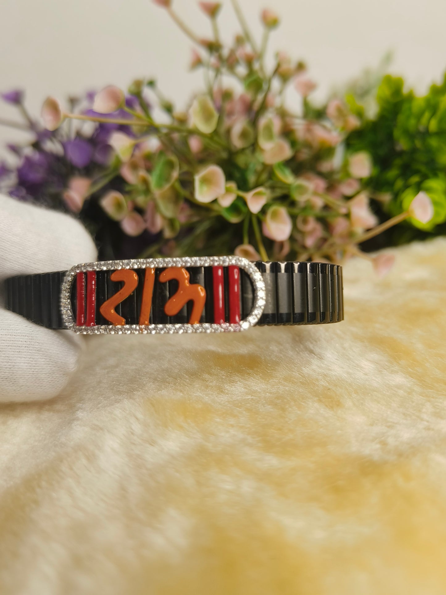 Red & Orange Enamel Crystal Stretch Bracelet for Men | Black Stainless Steel Adjustable Bracelet | Modern Luxury Fashion Jewelry Gift for Him
