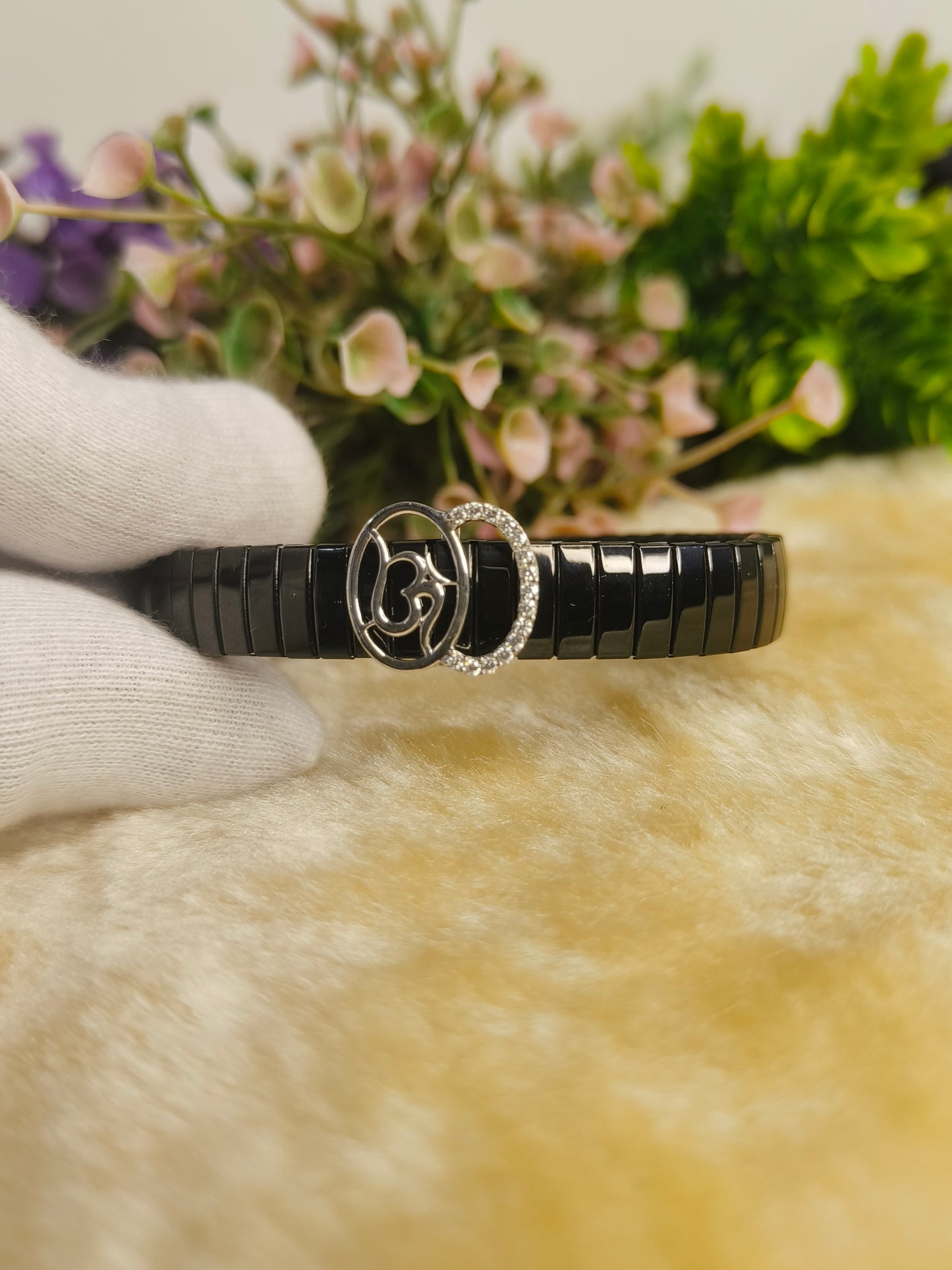 Black Stainless Steel Om Symbol Stretch Bracelet | Crystal Accent Adjustable Men's Bracelet | Spiritual Yoga Meditation Jewelry Gift