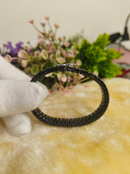 Black Stainless Steel Om Symbol Stretch Bracelet | Crystal Accent Adjustable Men's Bracelet | Spiritual Yoga Meditation Jewelry Gift