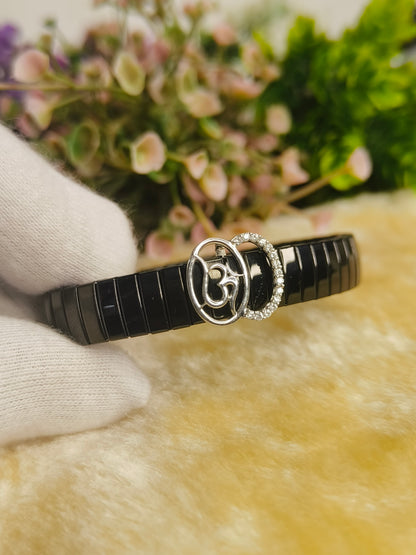 Black Stainless Steel Om Symbol Stretch Bracelet | Crystal Accent Adjustable Men's Bracelet | Spiritual Yoga Meditation Jewelry Gift