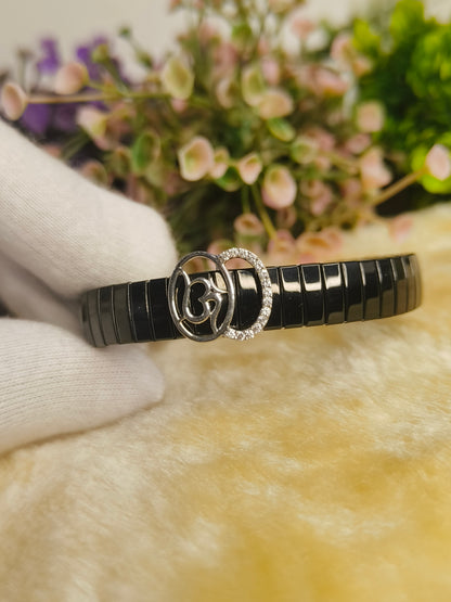 Black Stainless Steel Om Symbol Stretch Bracelet | Crystal Accent Adjustable Men's Bracelet | Spiritual Yoga Meditation Jewelry Gift
