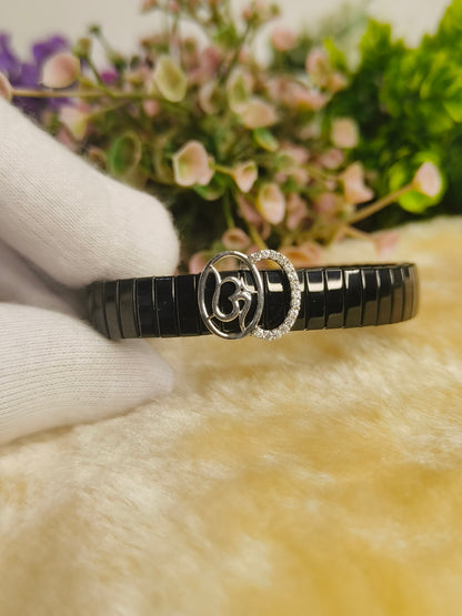 Black Stainless Steel Om Symbol Stretch Bracelet | Crystal Accent Adjustable Men's Bracelet | Spiritual Yoga Meditation Jewelry Gift