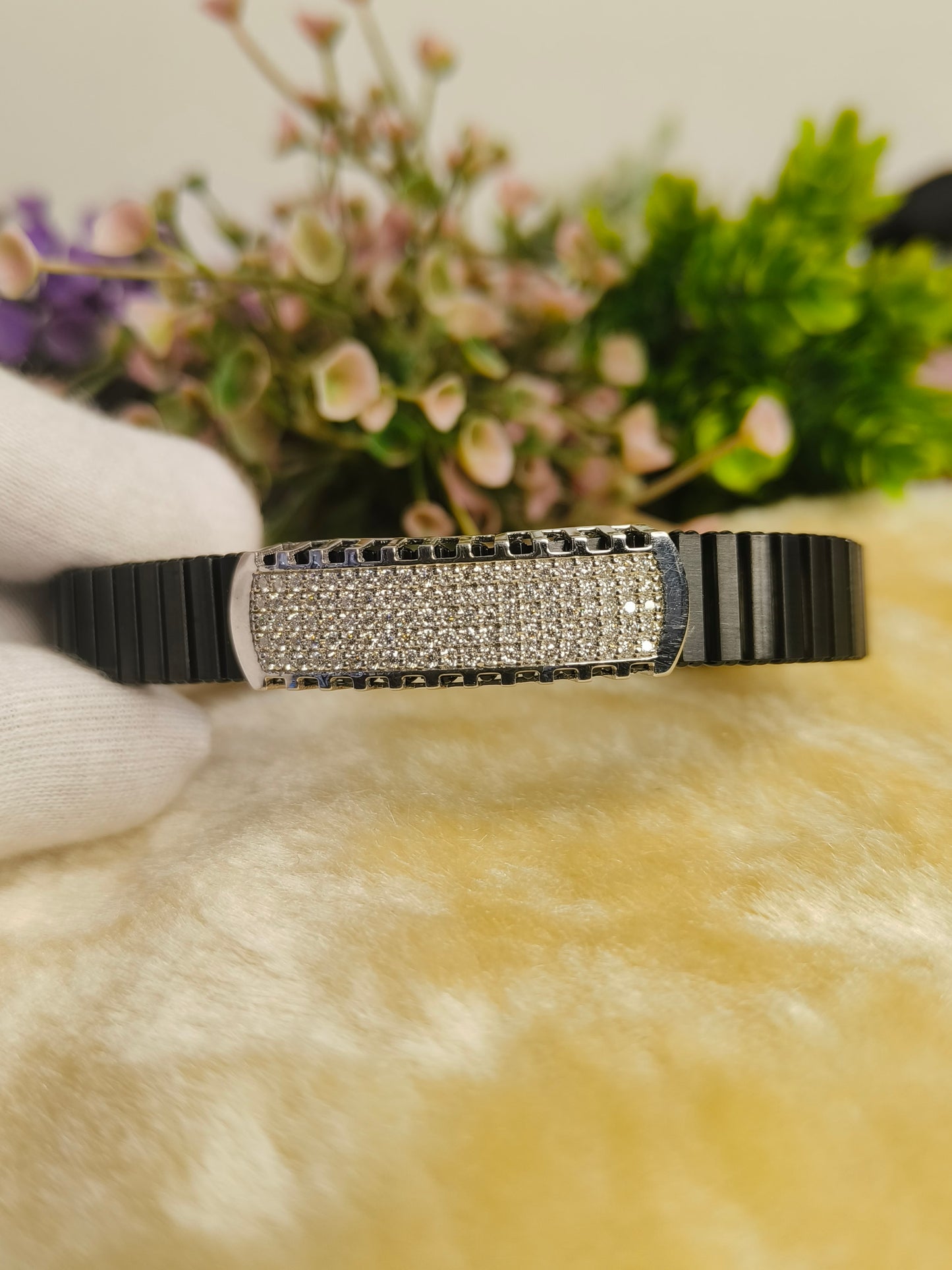 Black Stainless Steel Iced Out Stretch Bracelet | Pave Crystal Adjustable Men's Bracelet | Luxury Minimalist Jewelry Gift for Him