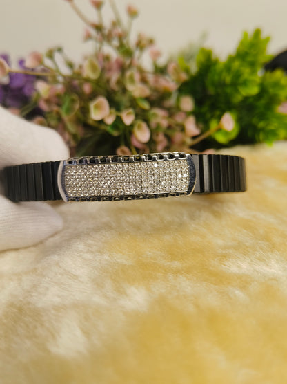 Black Stainless Steel Iced Out Stretch Bracelet | Pave Crystal Adjustable Men's Bracelet | Luxury Minimalist Jewelry Gift for Him