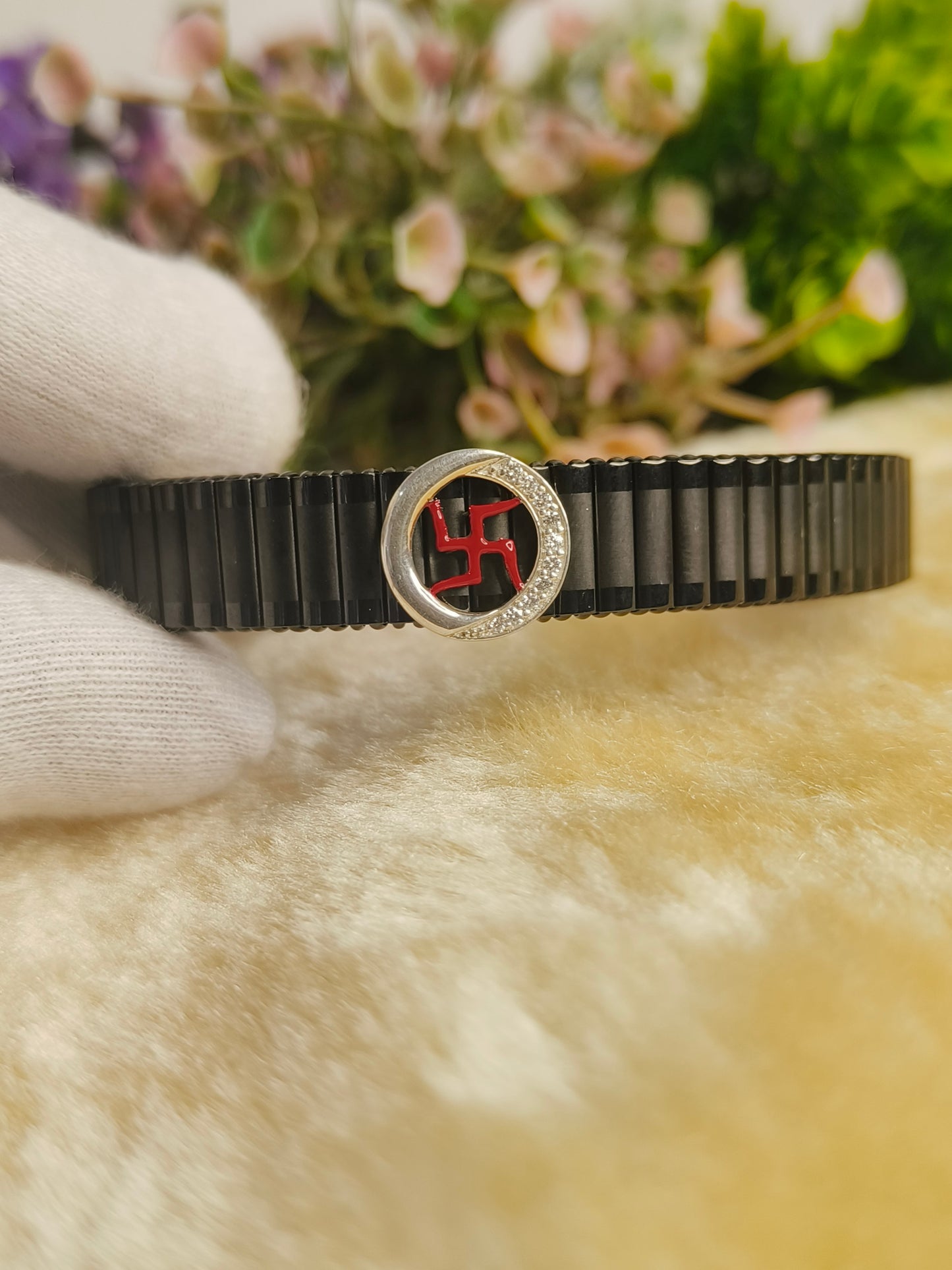 Black Stainless Steel Stretch Bracelet with Red Hindu Swastik Symbol | CZ Crystal Adjustable Spiritual Bracelet for Men & Women