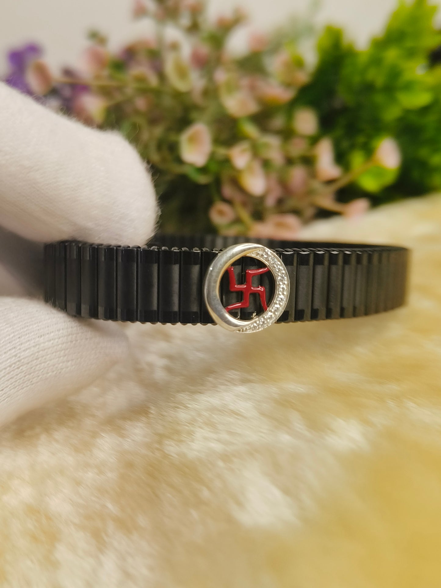 Black Stainless Steel Stretch Bracelet with Red Hindu Swastik Symbol | CZ Crystal Adjustable Spiritual Bracelet for Men & Women