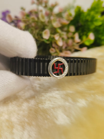 Black Stainless Steel Stretch Bracelet with Red Hindu Swastik Symbol | CZ Crystal Adjustable Spiritual Bracelet for Men & Women