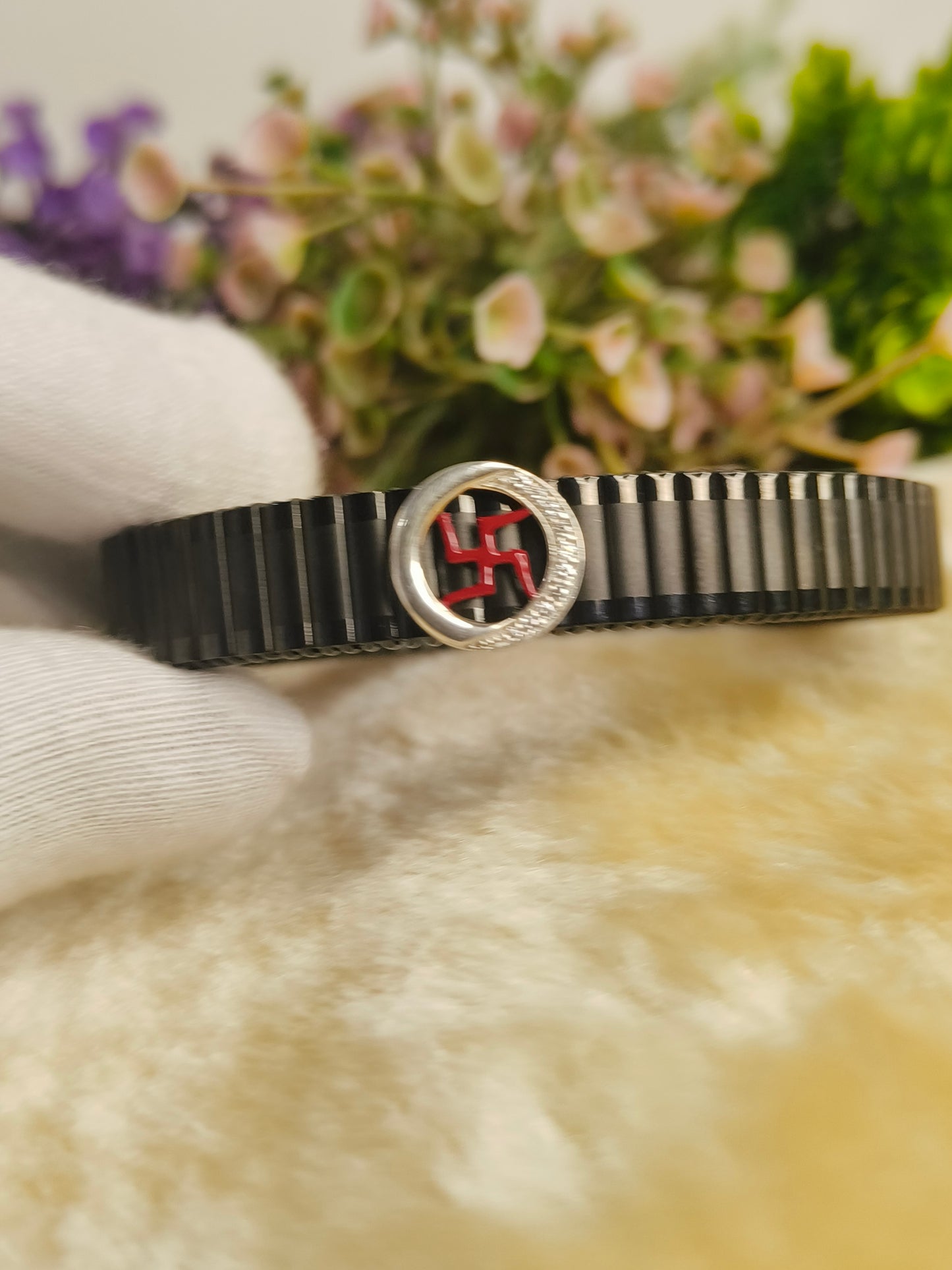 Black Stainless Steel Stretch Bracelet with Red Hindu Swastik Symbol | CZ Crystal Adjustable Spiritual Bracelet for Men & Women