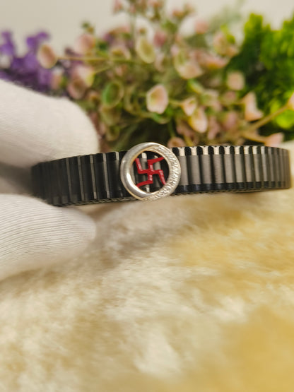 Black Stainless Steel Stretch Bracelet with Red Hindu Swastik Symbol | CZ Crystal Adjustable Spiritual Bracelet for Men & Women