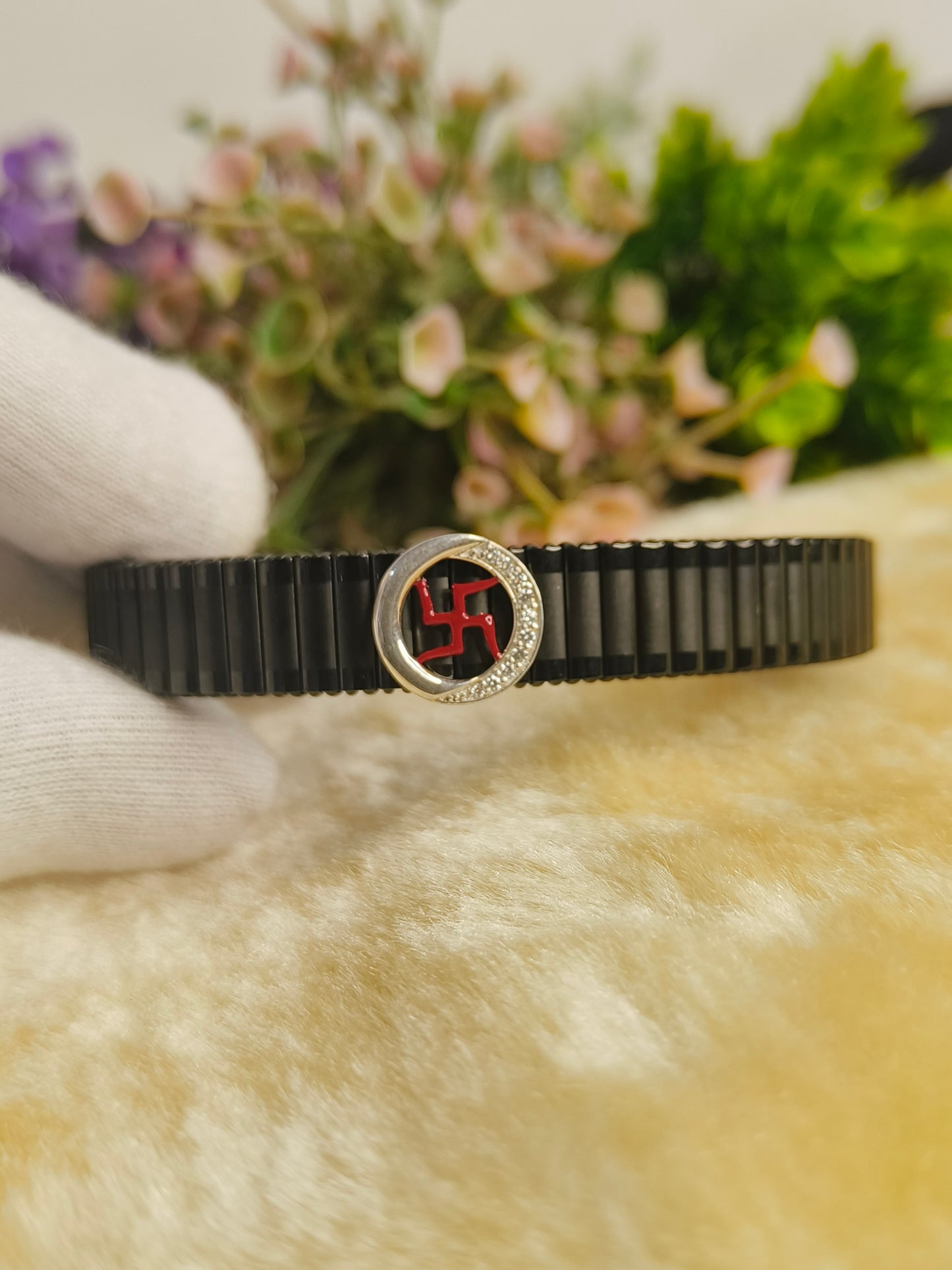 Black Stainless Steel Stretch Bracelet with Red Hindu Swastik Symbol | CZ Crystal Adjustable Spiritual Bracelet for Men & Women