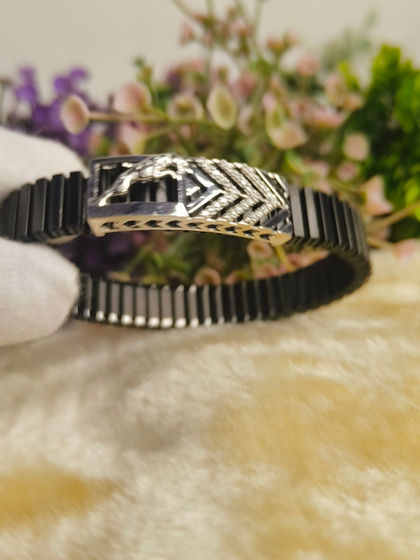 Black Stainless Steel Stretch Bracelet with Panther & Arrow Design | CZ Crystal Adjustable Luxury Bracelet for Men