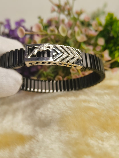 Black Stainless Steel Stretch Bracelet with Panther & Arrow Design | CZ Crystal Adjustable Luxury Bracelet for Men