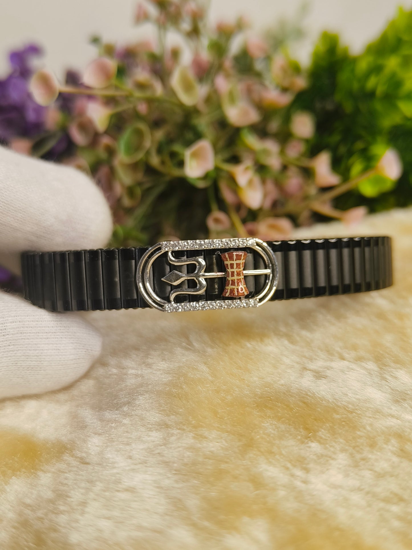 Black Stainless Steel Stretch Bracelet with Trident & Damru Design | CZ Crystal Adjustable Spiritual Bracelet for Men