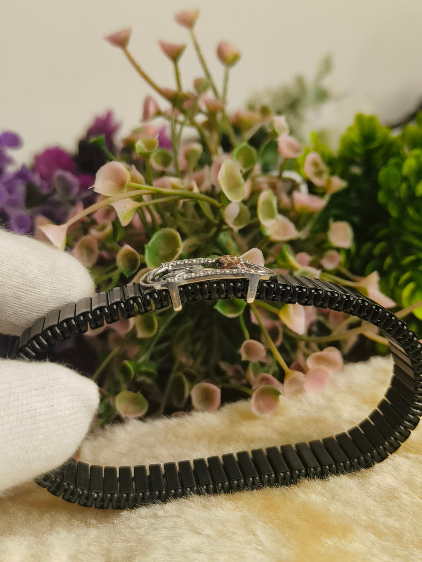 Black Stainless Steel Stretch Bracelet with Trident & Damru Design | CZ Crystal Adjustable Spiritual Bracelet for Men