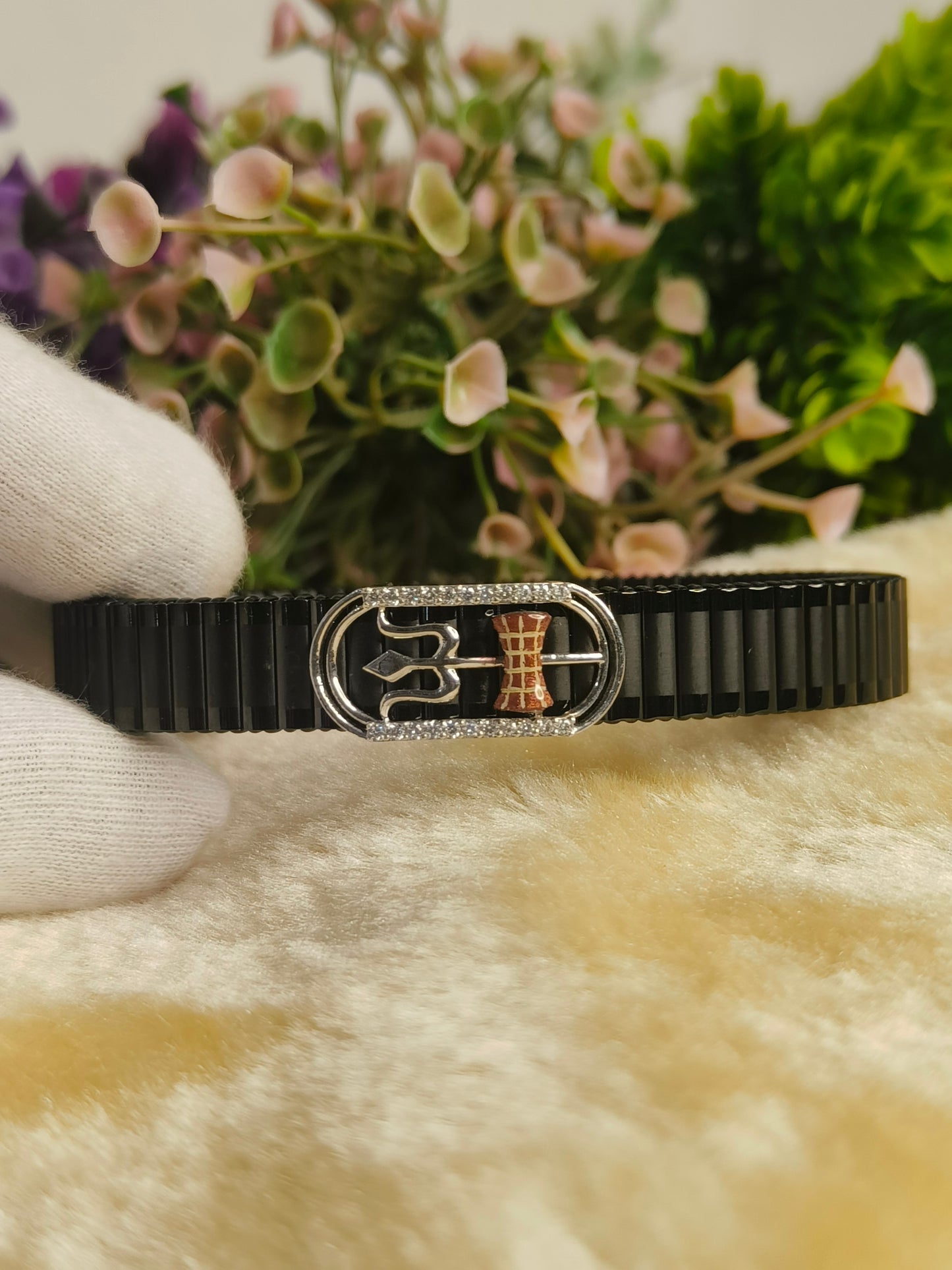 Black Stainless Steel Stretch Bracelet with Trident & Damru Design | CZ Crystal Adjustable Spiritual Bracelet for Men